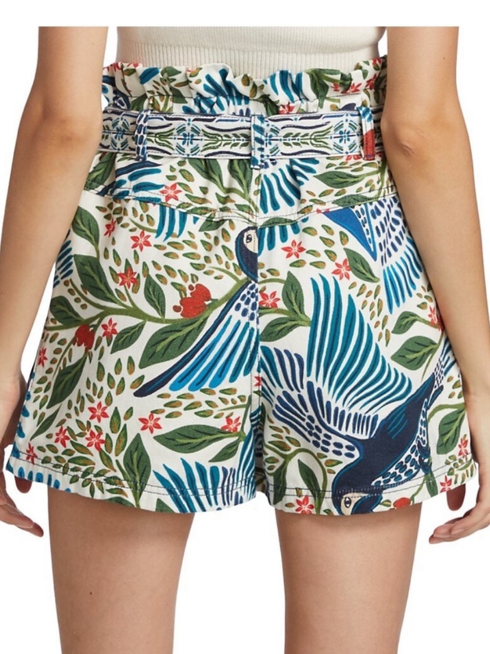 FARM Rio Macaw Flight Blue Green Paperbag Waist Shorts Sz Small. Missing belt - Picture 3 of 11